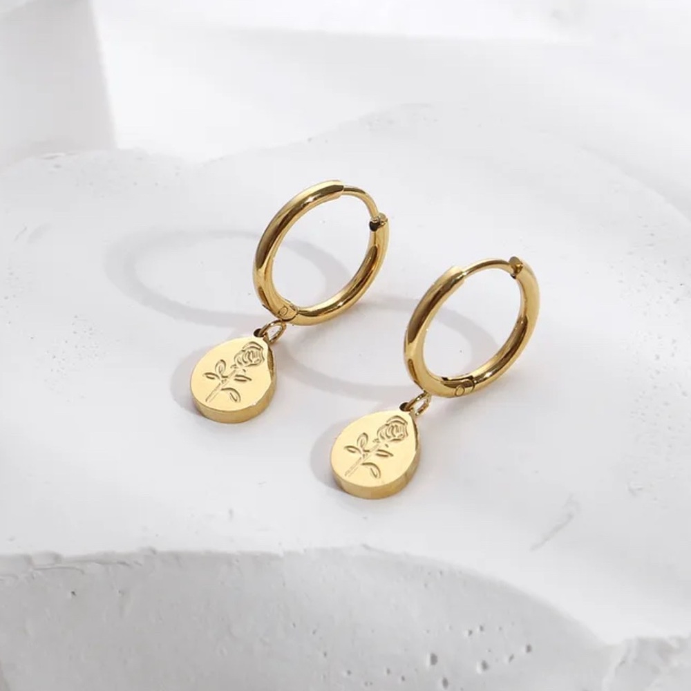 Rose Engraved Pendant Drop Earrings 18k Gold Plated Stainless Steel Dainty Hoops